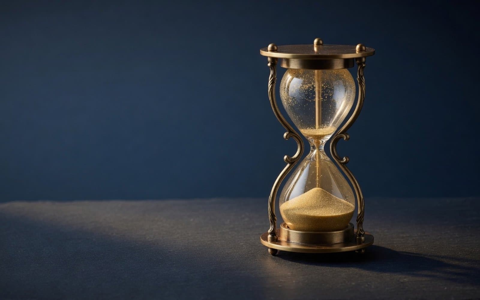 A brass hourglass with gold sand nearly run through