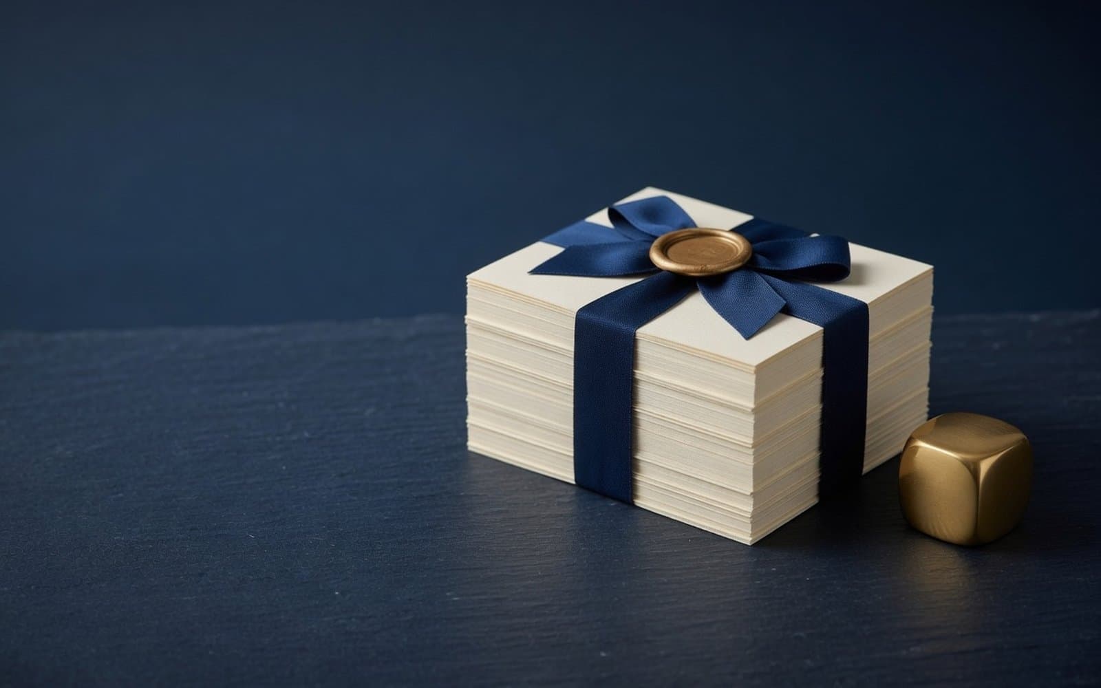 A stack of papers tied with navy ribbon and a gold wax seal