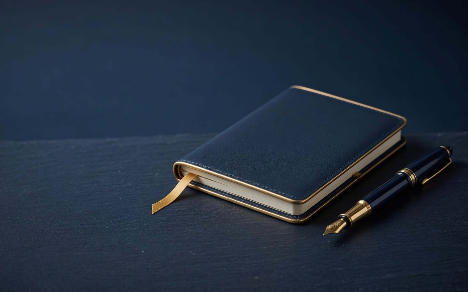 A navy leather booklet with a gold ribbon beside a fountain pen